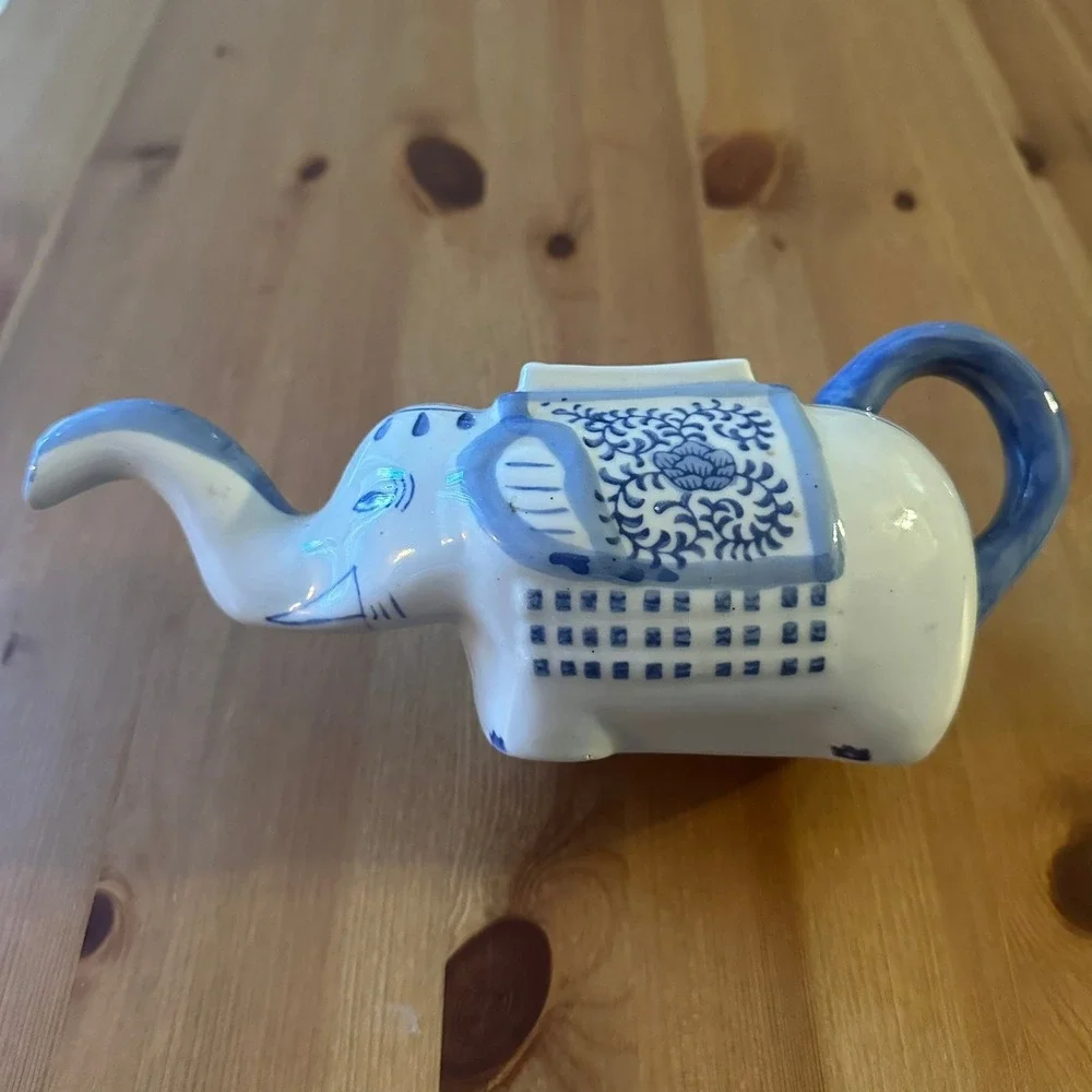 Pier 1 Imports Blue and White Ceramic Elephant Tea Pot Creamer Chinoiserie